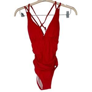 All Sure Women's Small Positive Red Lace Up Back One Piece Swimsuit Beach I16-23